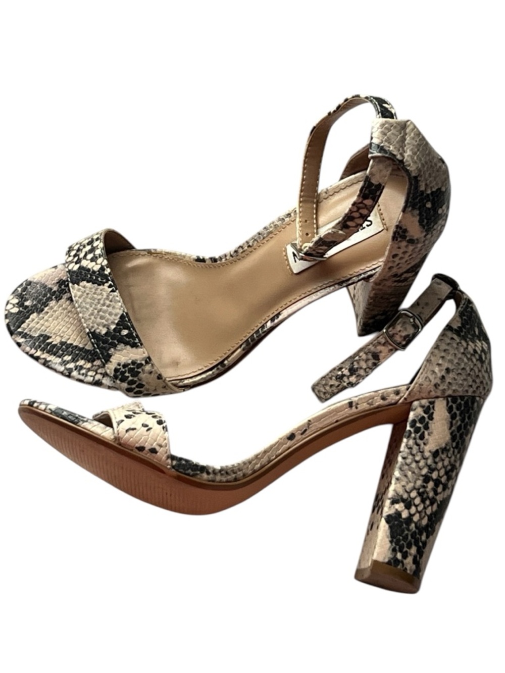Steve‎ Madden Snake-Print Block Heel Sandals - Beige/Black, Size 9M